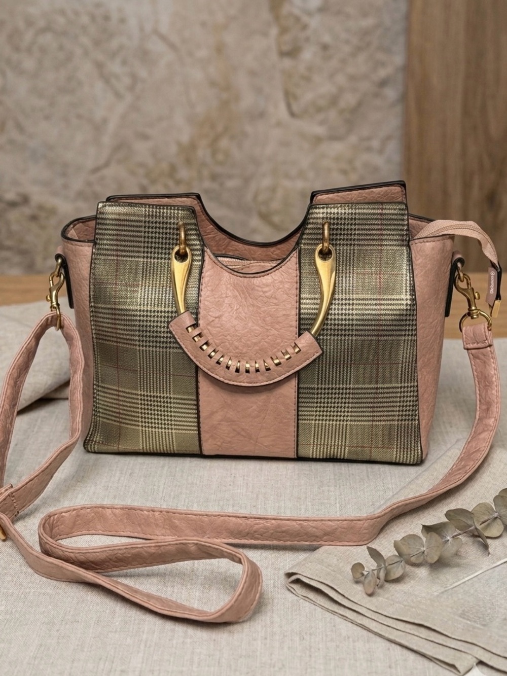 Blush Pink Plaid Accent with unique handles Women’s Shoulder Bag